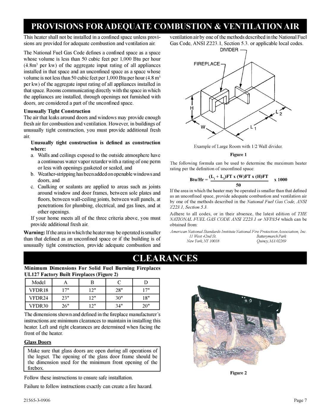 Empire Comfort Systems VFDR30LB, VFDR24LB, VFDR18LB Clearances, Unusually Tight Construction, Glass Doors 