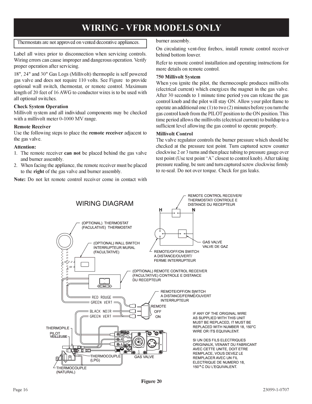 Empire Comfort Systems VFDR30LBN-1 Wiring Vfdr Models only, Check System Operation, Remote Receiver, Millivolt System 