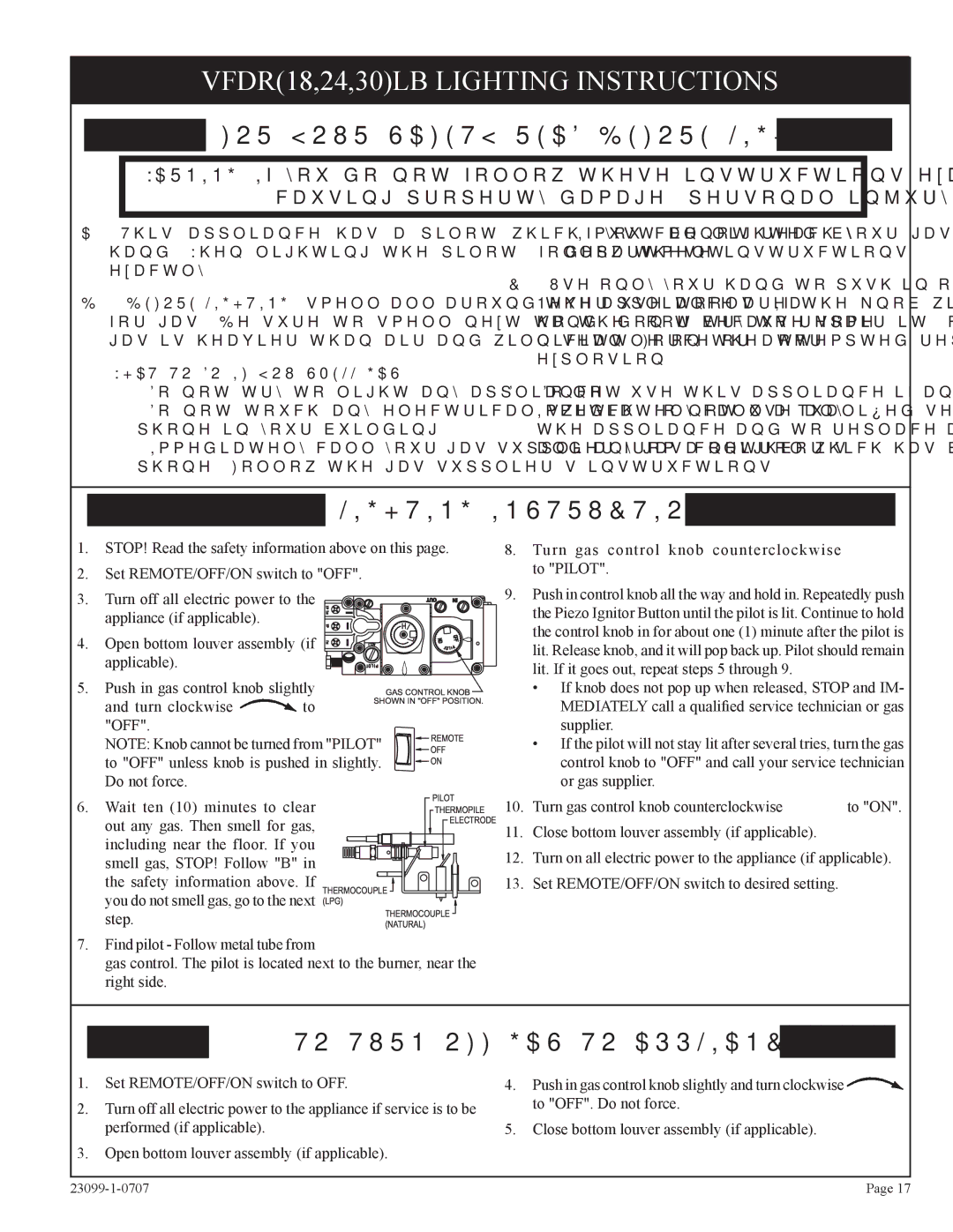 Empire Comfort Systems VFDR24LBN-1, VFDT24LBN-1 VFDR18,24,30LB Lighting Instructions, What to do if YOU Smell GAS 