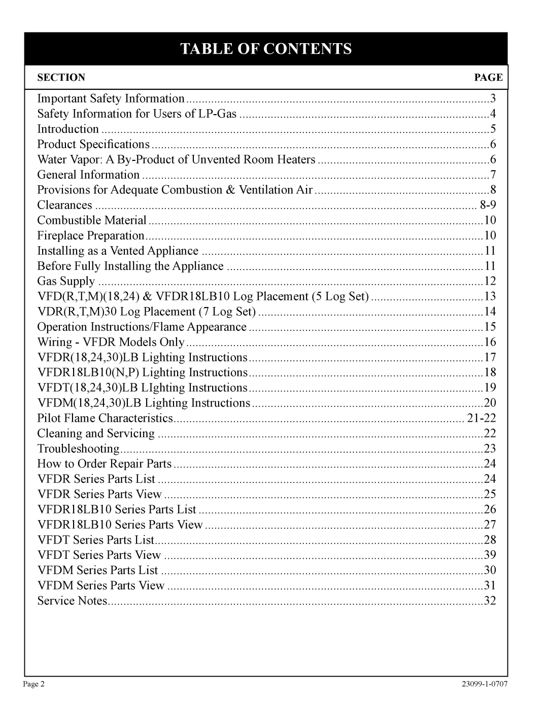 Empire Comfort Systems VFDR24LBN-1, VFDT24LBN-1, VFDR30LBN-1, VFDT30LBN-1, VFDR18LB10N-1, VFDM18LBN-1 Table of Contents 