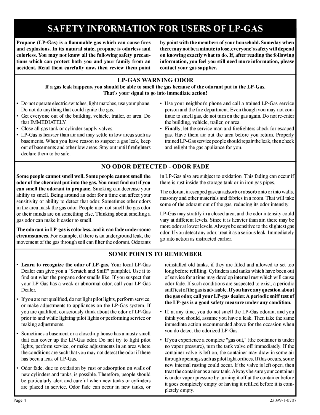 Empire Comfort Systems VFDR18LB10N-1, VFDT24LBN-1, VFDR30LBN-1 Safety Information for Users of LP-GAS, LP-GAS Warning Odor 