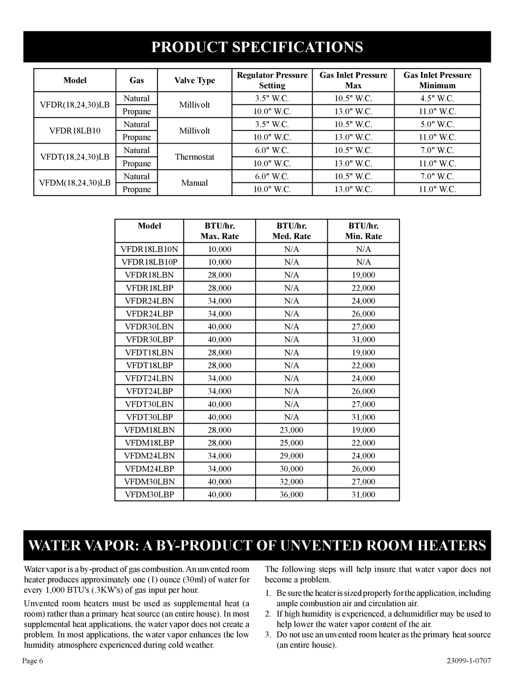 Empire Comfort Systems VFDR30LBP-1, VFDT24LBN-1 Product Specifications, Model BTU/hr Max. Rate Med. Rate Min. Rate 