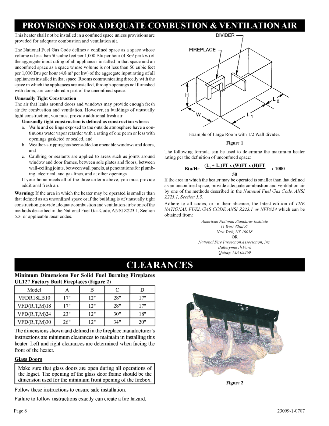 Empire Comfort Systems VFDR18LBP-1, VFDT24LBN-1, VFDR30LBN-1, VFDR24LBN-1, VFDT30LBN-1, VFDR18LB10N-1 Clearances, Glass Doors 