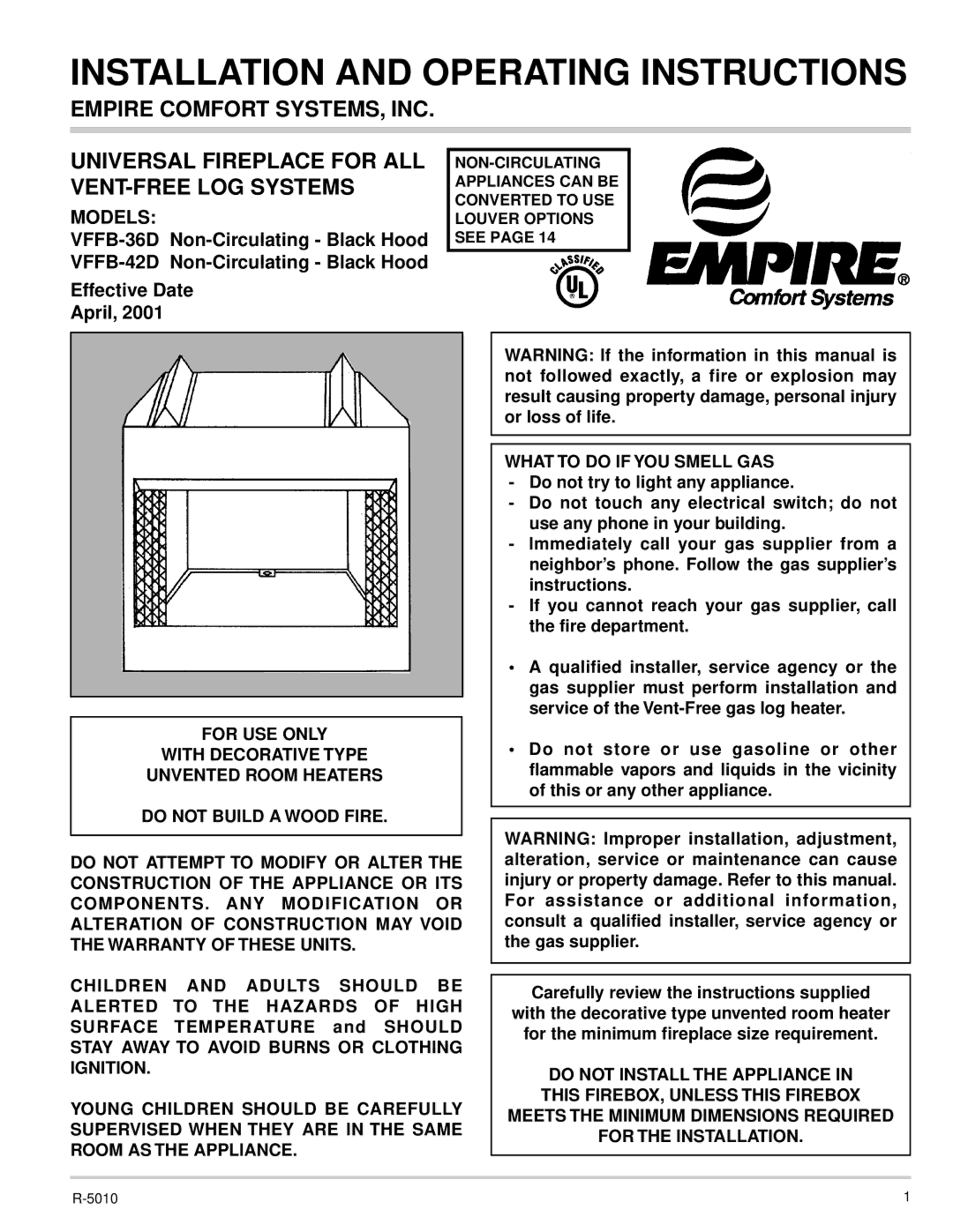 Empire Comfort Systems VFFB-42D, VFFB-36D dimensions Installation and Operating Instructions, Models 