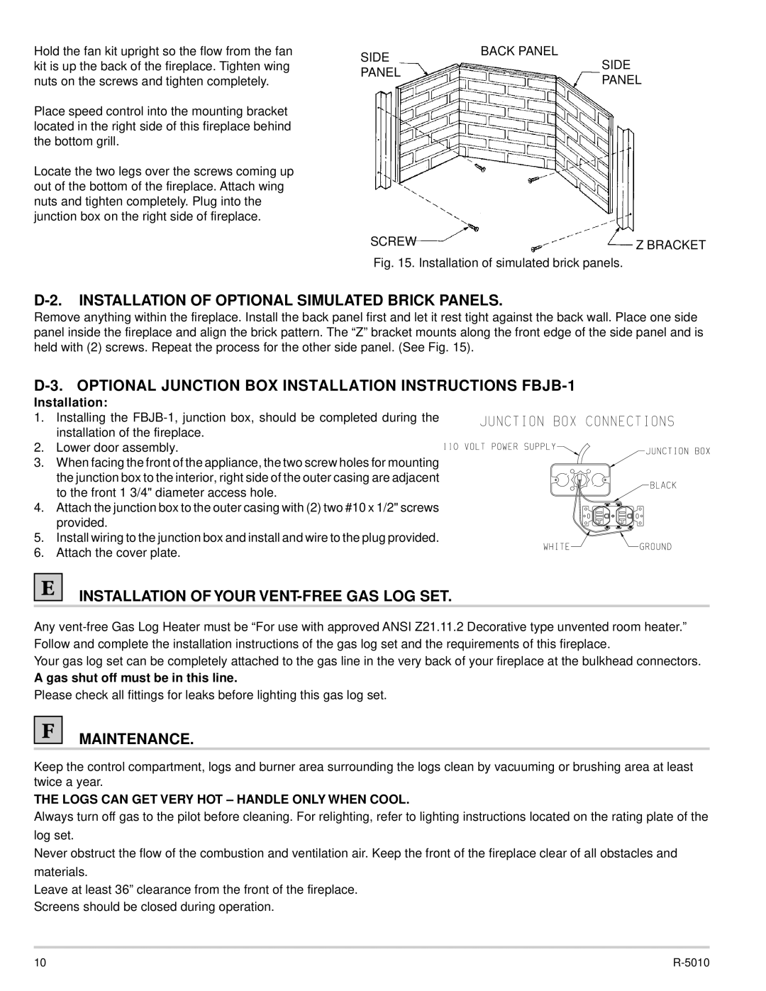 Empire Comfort Systems VFFB-36D, VFFB-42D dimensions Installation of Optional Simulated Brick Panels, Maintenance 