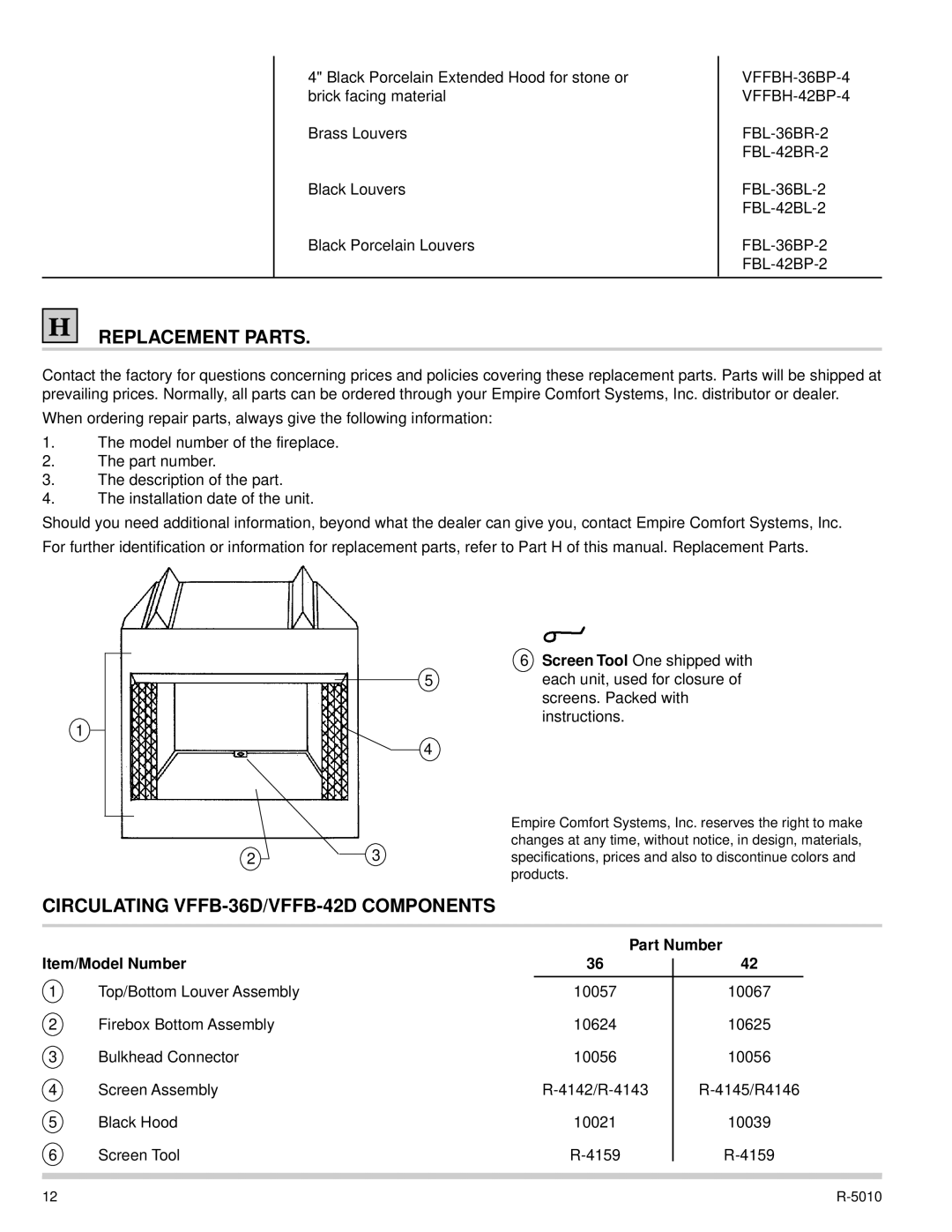 Empire Comfort Systems Replacement Parts, Circulating VFFB-36D/VFFB-42D Components, Part Number, Item/Model Number 