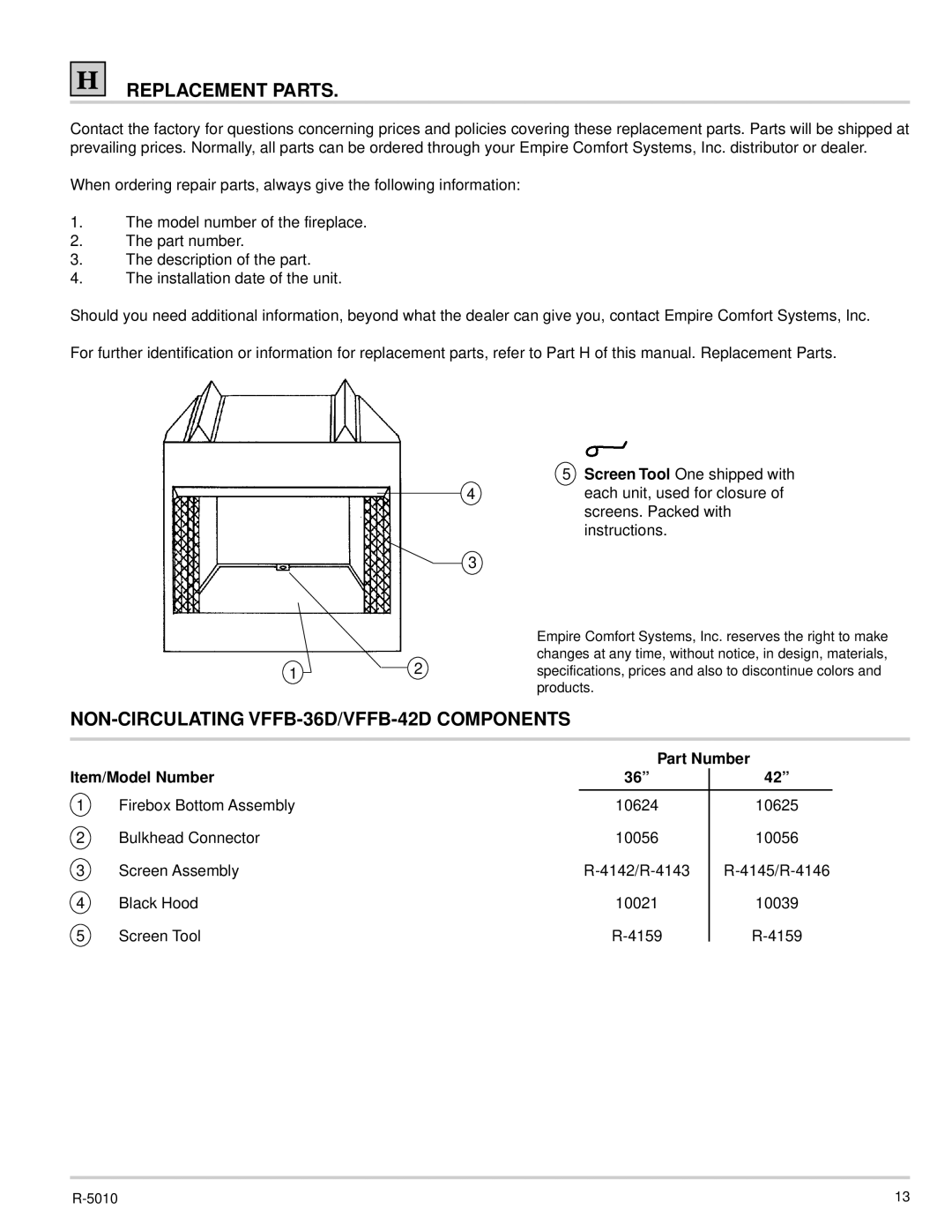 Empire Comfort Systems dimensions NON-CIRCULATING VFFB-36D/VFFB-42D Components 