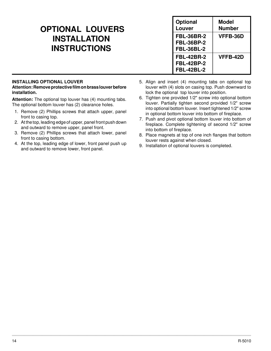 Empire Comfort Systems VFFB-36D dimensions VFFB-42D, Installing Optional Louver 