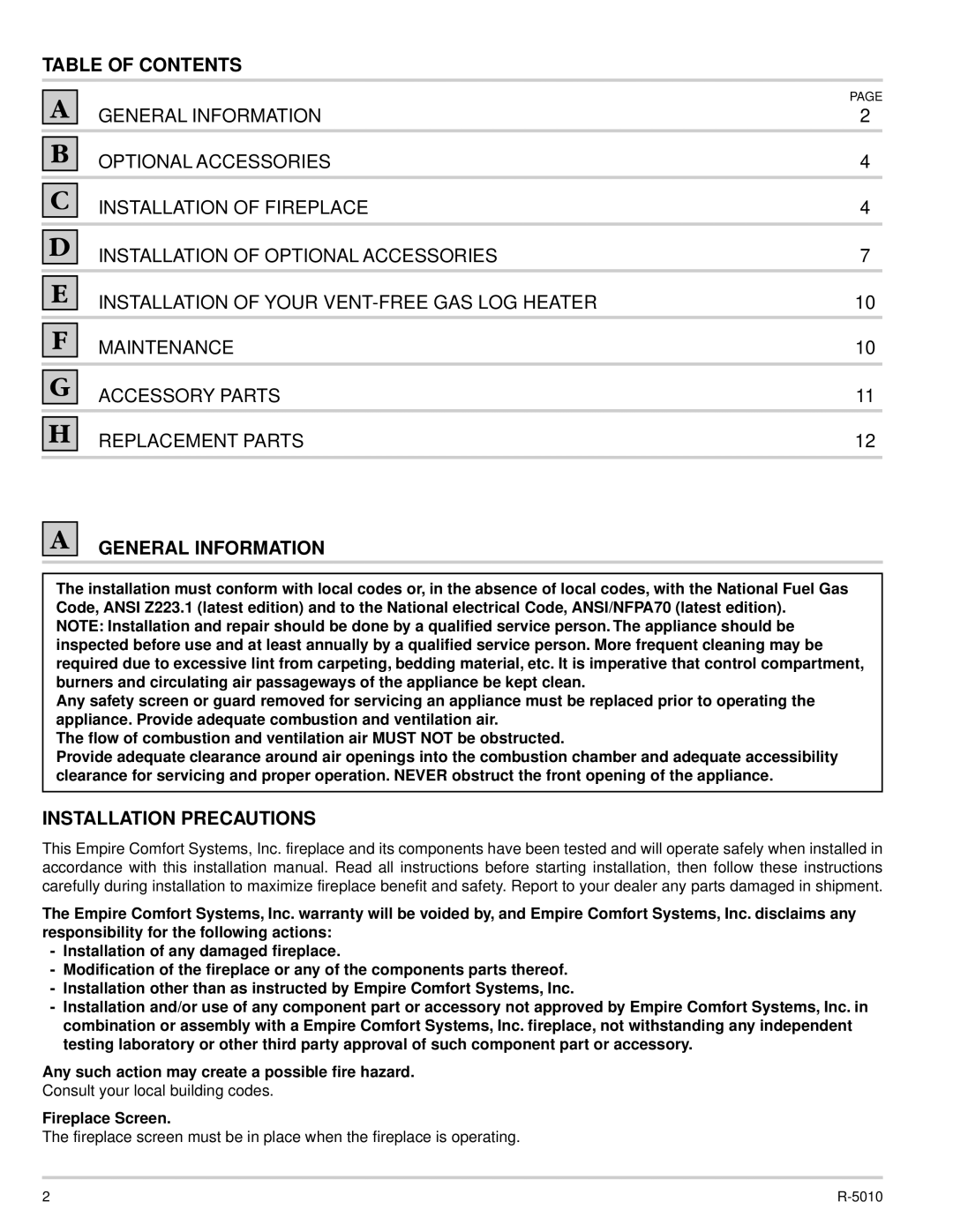 Empire Comfort Systems VFFB-36D, VFFB-42D dimensions Table of Contents, General Information, Installation Precautions 