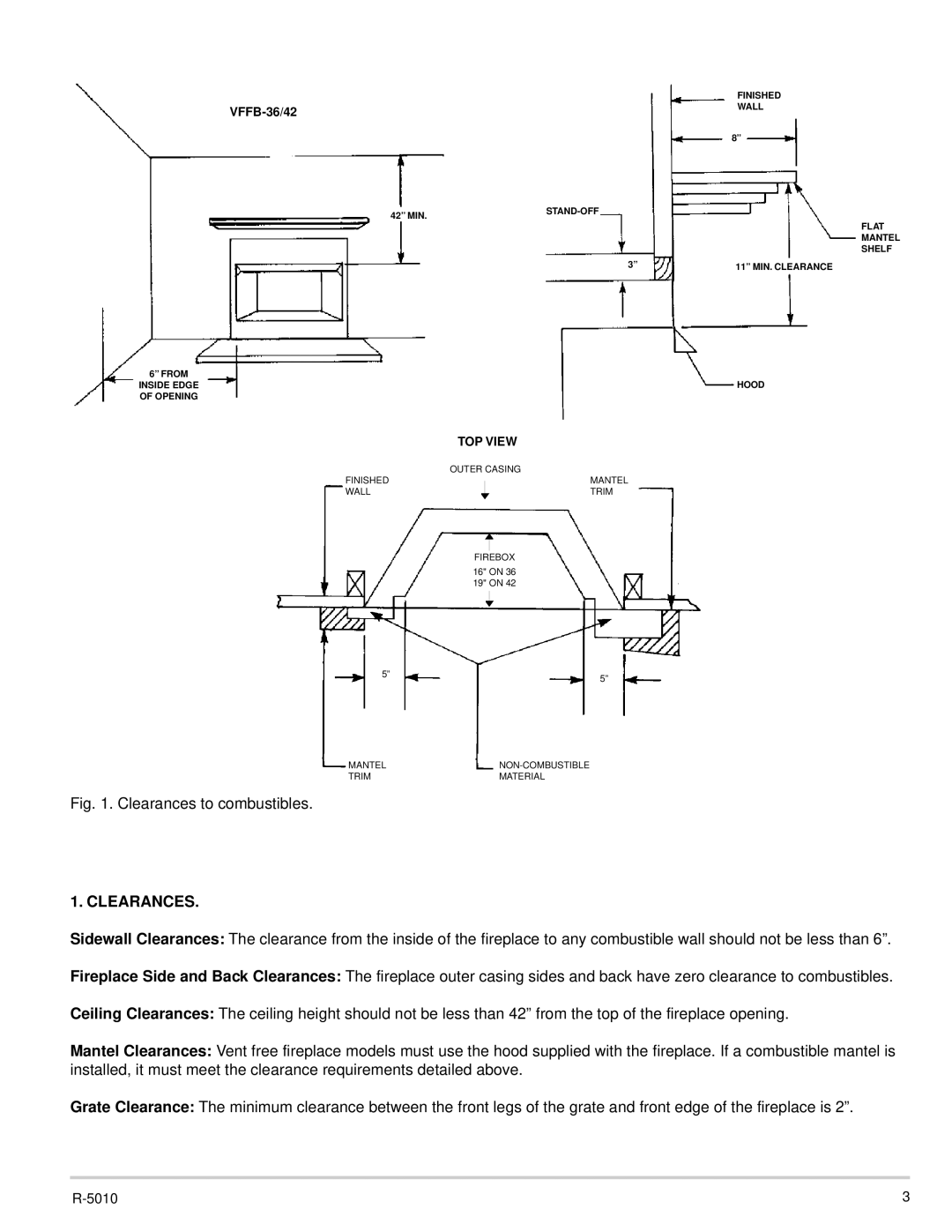 Empire Comfort Systems VFFB-42D, VFFB-36D dimensions Clearances to combustibles 