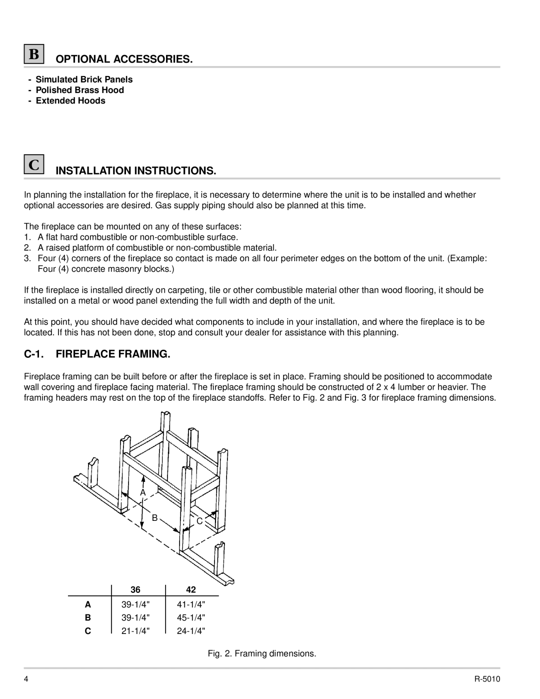 Empire Comfort Systems VFFB-36D, VFFB-42D dimensions Optional Accessories, Installation Instructions, Fireplace Framing 