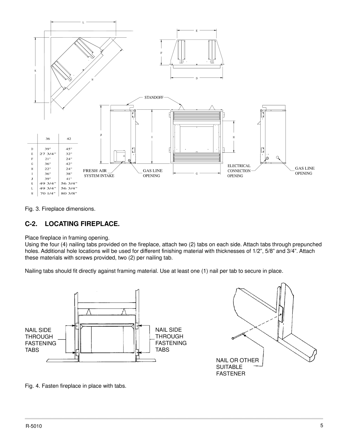 Empire Comfort Systems VFFB-42D, VFFB-36D Locating Fireplace, Fireplace dimensions 