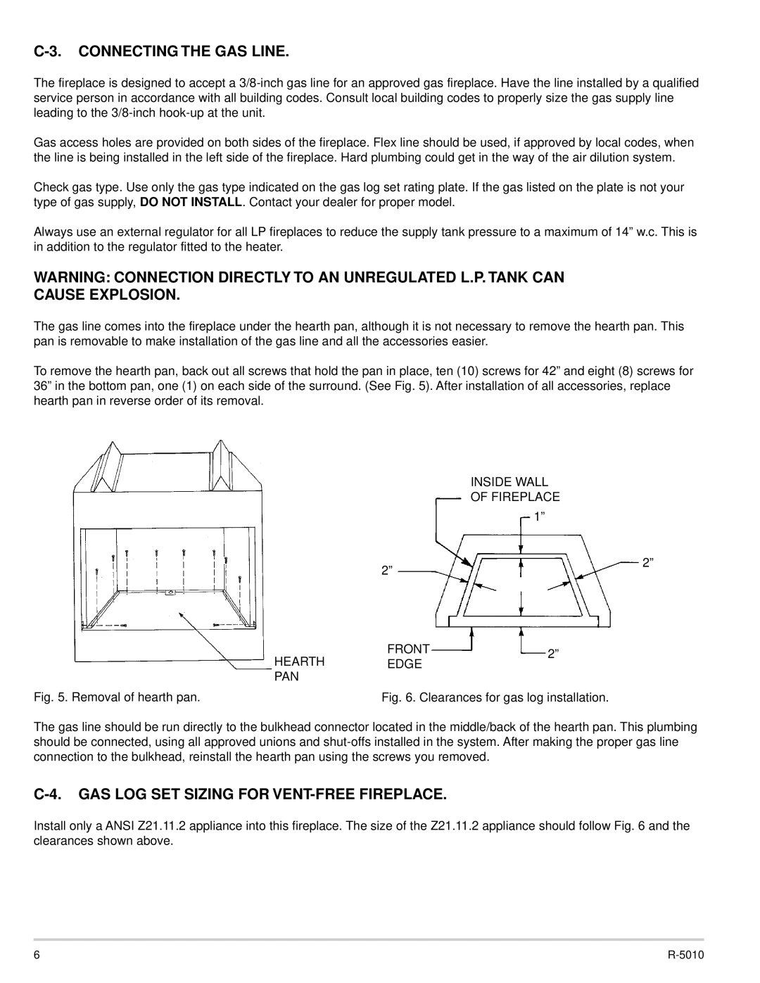 Empire Comfort Systems VFFB-36D, VFFB-42D dimensions Connecting the GAS Line, GAS LOG SET Sizing for VENT-FREE Fireplace 