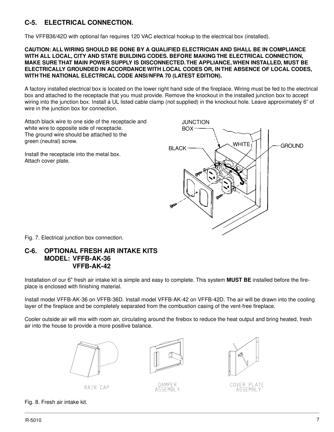 Empire Comfort Systems VFFB-42D Electrical Connection, Optional Fresh AIR Intake Kits Model VFFB-AK-36 VFFB-AK-42 