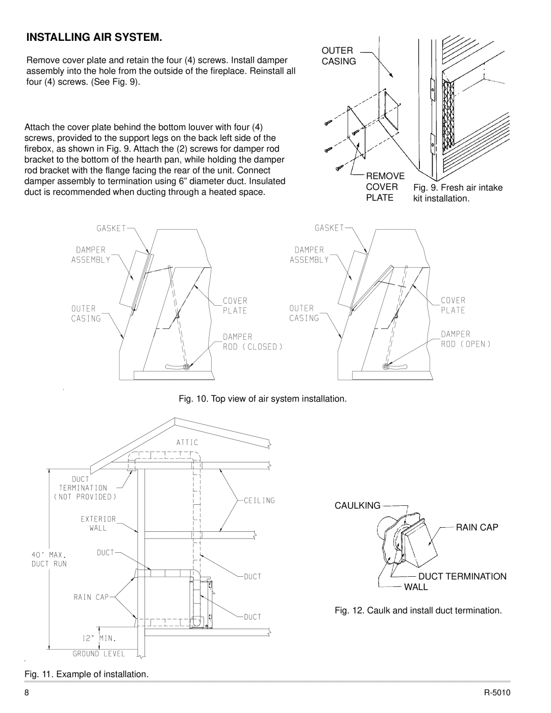 Empire Comfort Systems VFFB-36D, VFFB-42D dimensions Installing AIR System, Top view of air system installation 