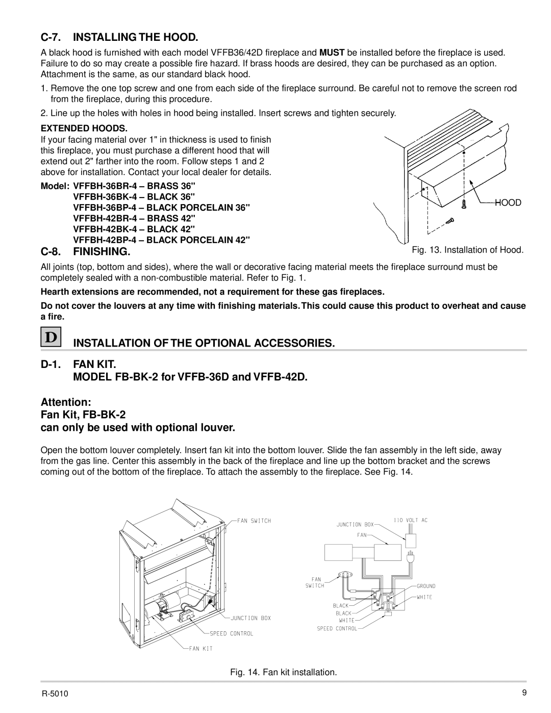 Empire Comfort Systems VFFB-42D Installing the Hood, Finishing, Installation of the Optional Accessories, Fan Kit 