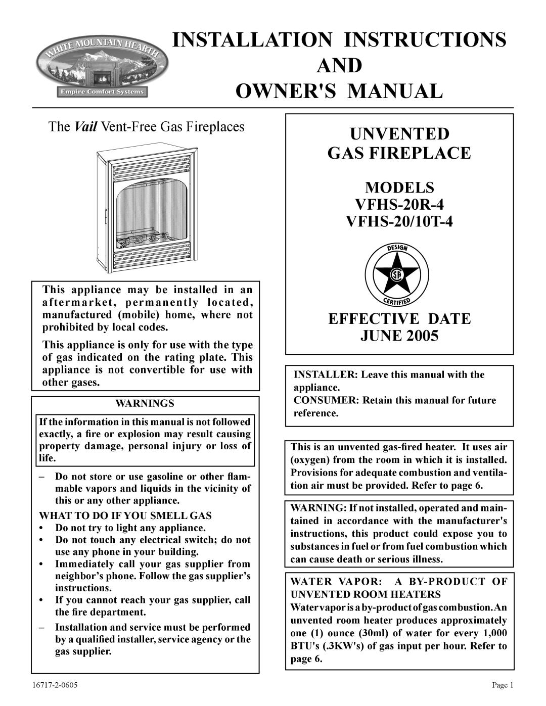 Empire Comfort Systems VFHS-20/10T-4, VFHS-20R-4 installation instructions Installation Instructions 