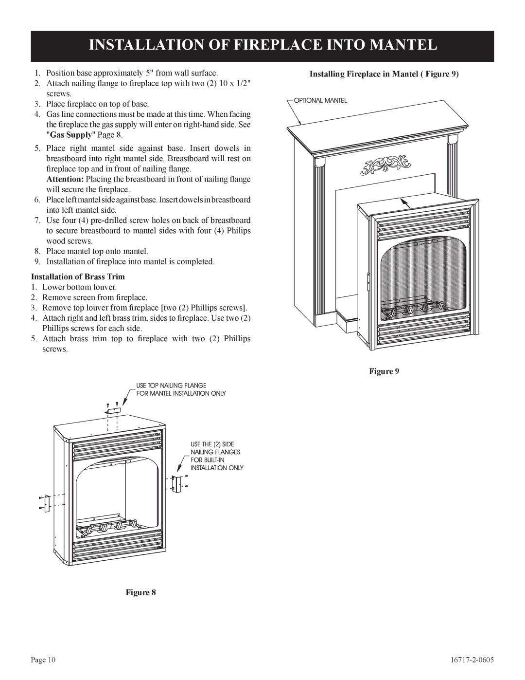 Empire Comfort Systems VFHS-20R-4, VFHS-20/10T-4 Installation of Fireplace Into Mantel, Installation of Brass Trim 