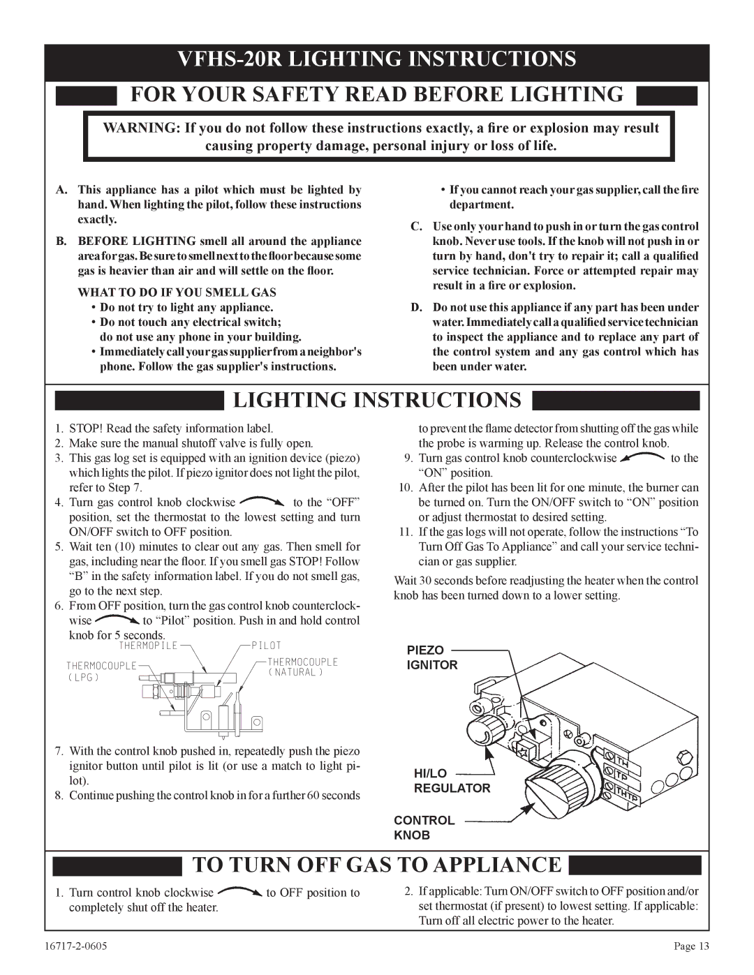 Empire Comfort Systems VFHS-20/10T-4, VFHS-20R-4 VFHS-20R Lighting Instructions, What to do if YOU Smell GAS 