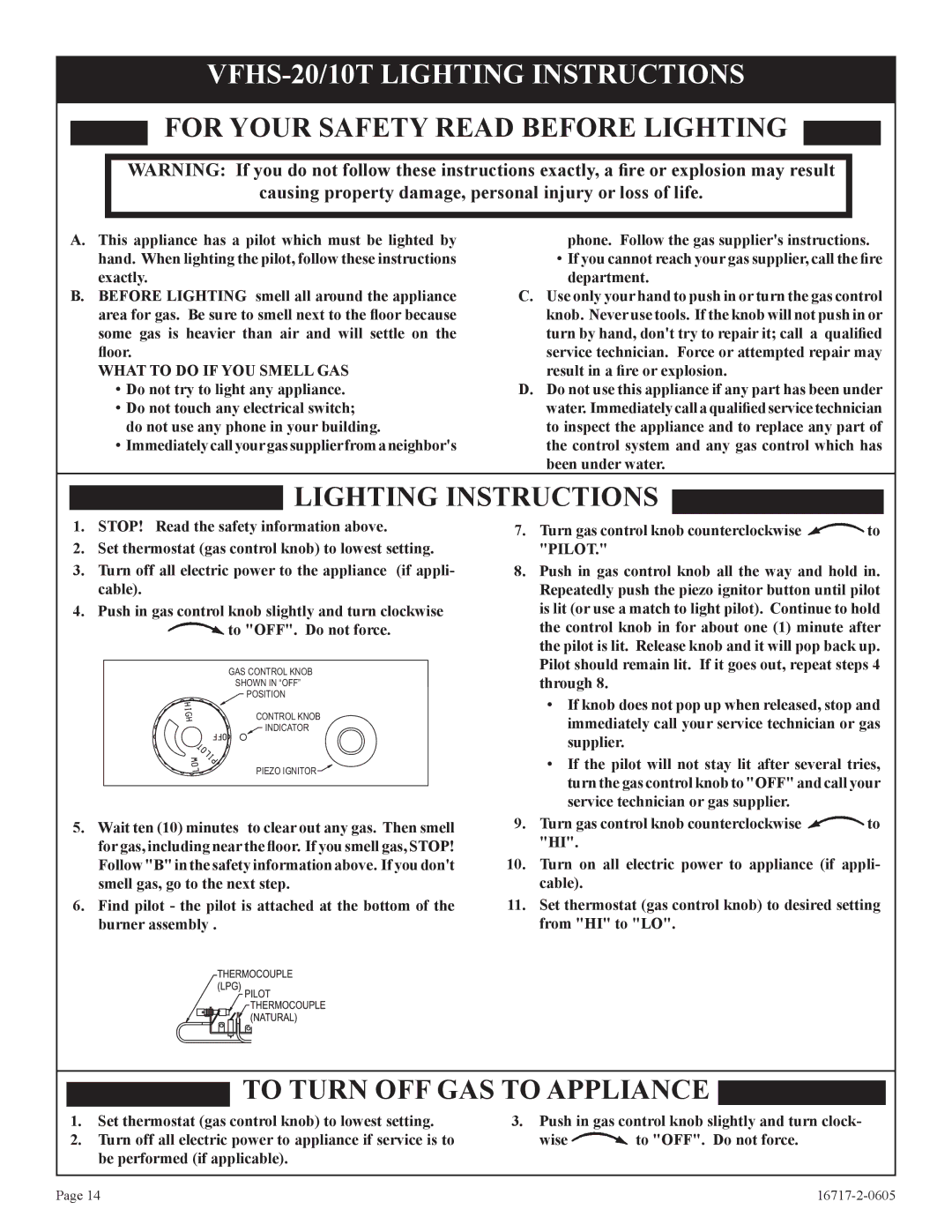 Empire Comfort Systems VFHS-20R-4, VFHS-20/10T-4 installation instructions VFHS-20/10T Lighting Instructions, Pilot 