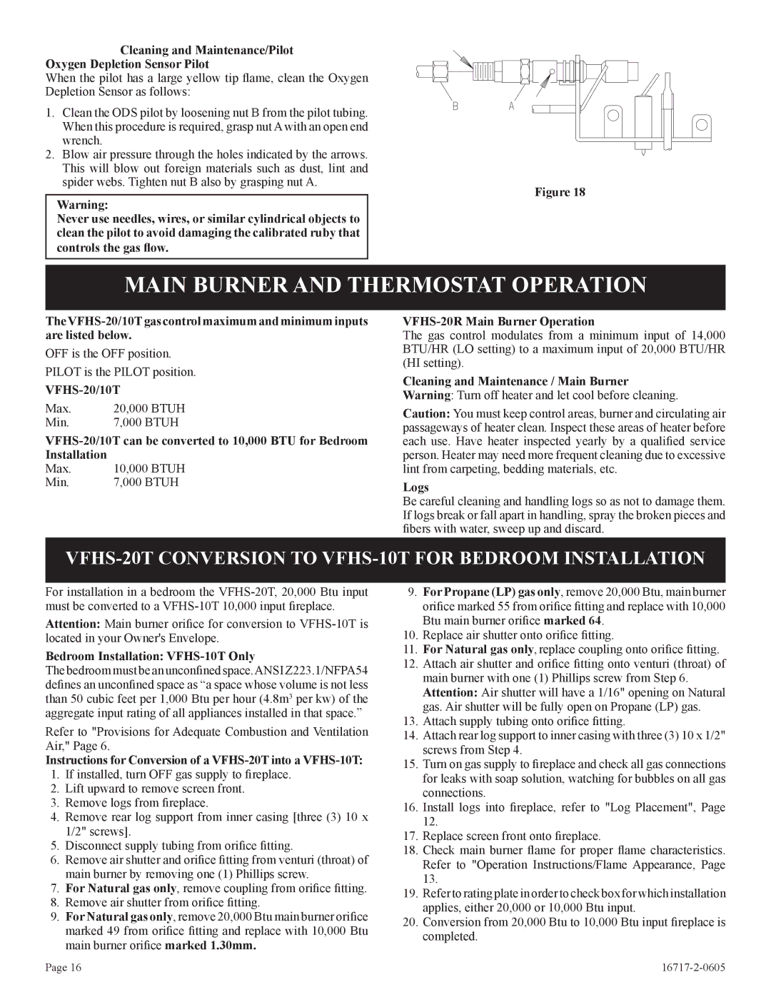 Empire Comfort Systems VFHS-20R-4 Main Burner and Thermostat Operation, VFHS-20/10T, VFHS-20R Main Burner Operation 