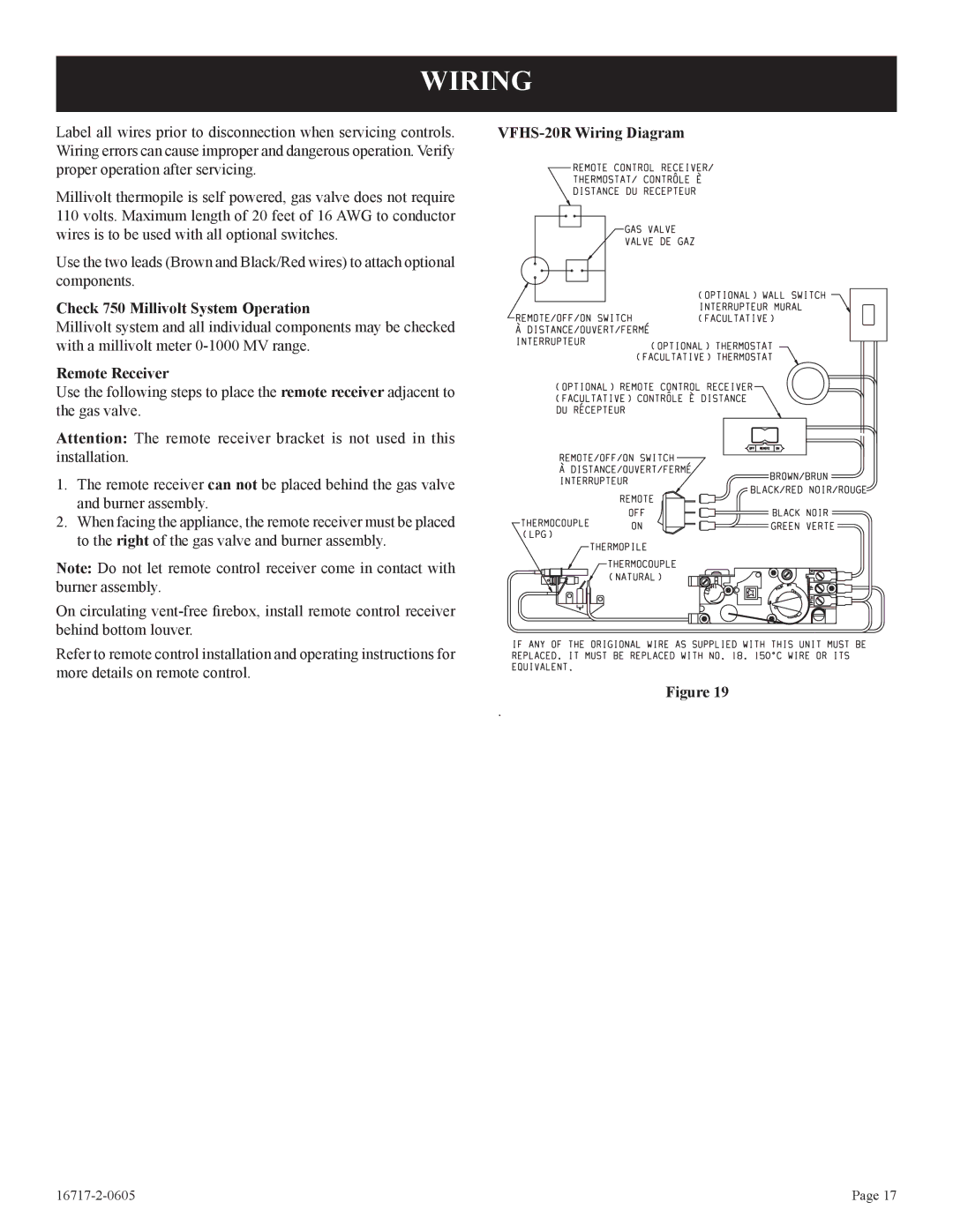 Empire Comfort Systems VFHS-20/10T-4, VFHS-20R-4 Wiring, Check 750 Millivolt System Operation, Remote Receiver 