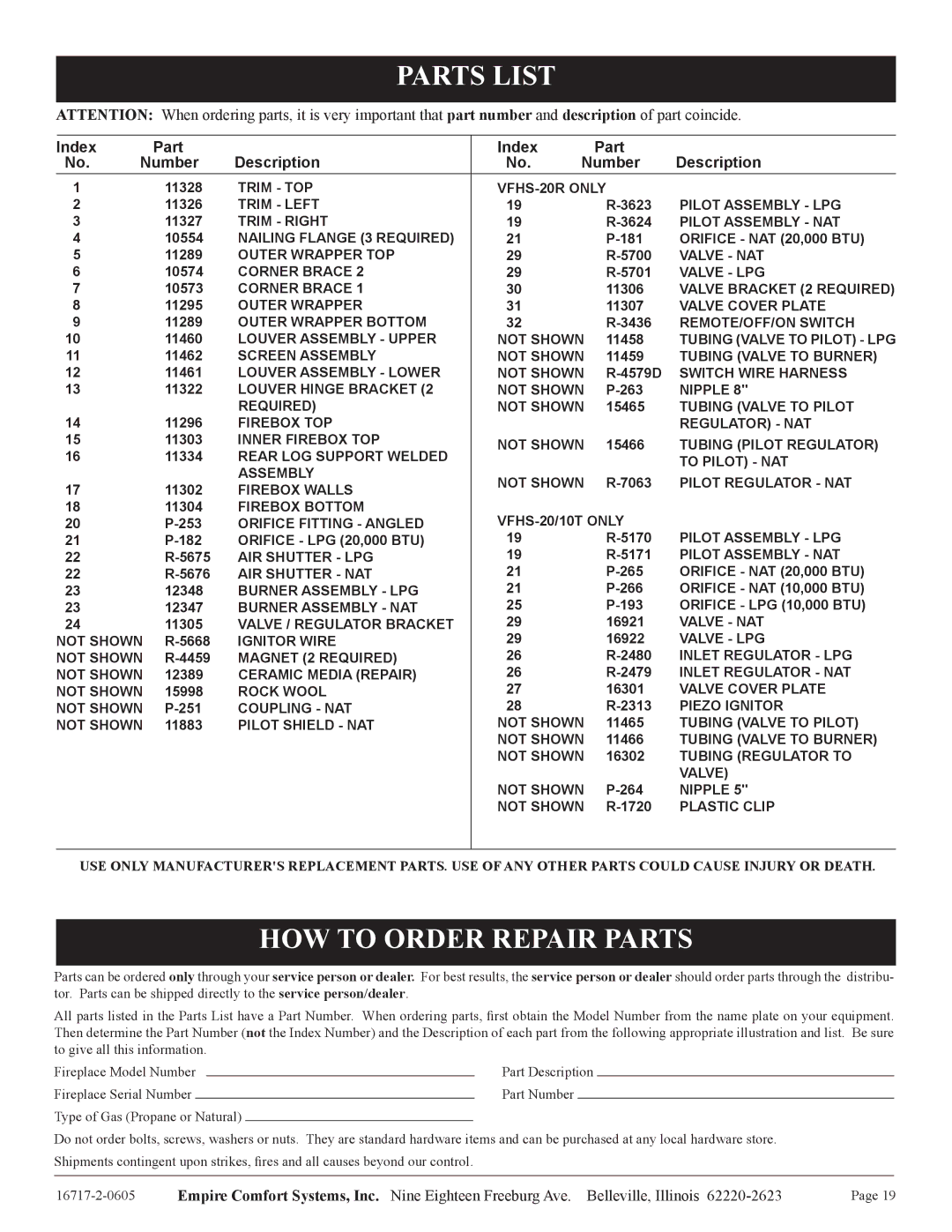 Empire Comfort Systems VFHS-20/10T-4, VFHS-20R-4 installation instructions Parts List, HOW to Order Repair Parts 