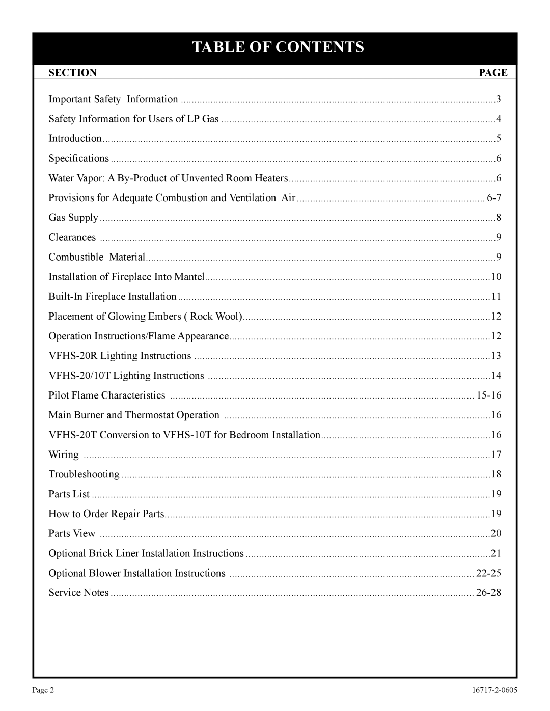 Empire Comfort Systems VFHS-20R-4, VFHS-20/10T-4 installation instructions Table of Contents 