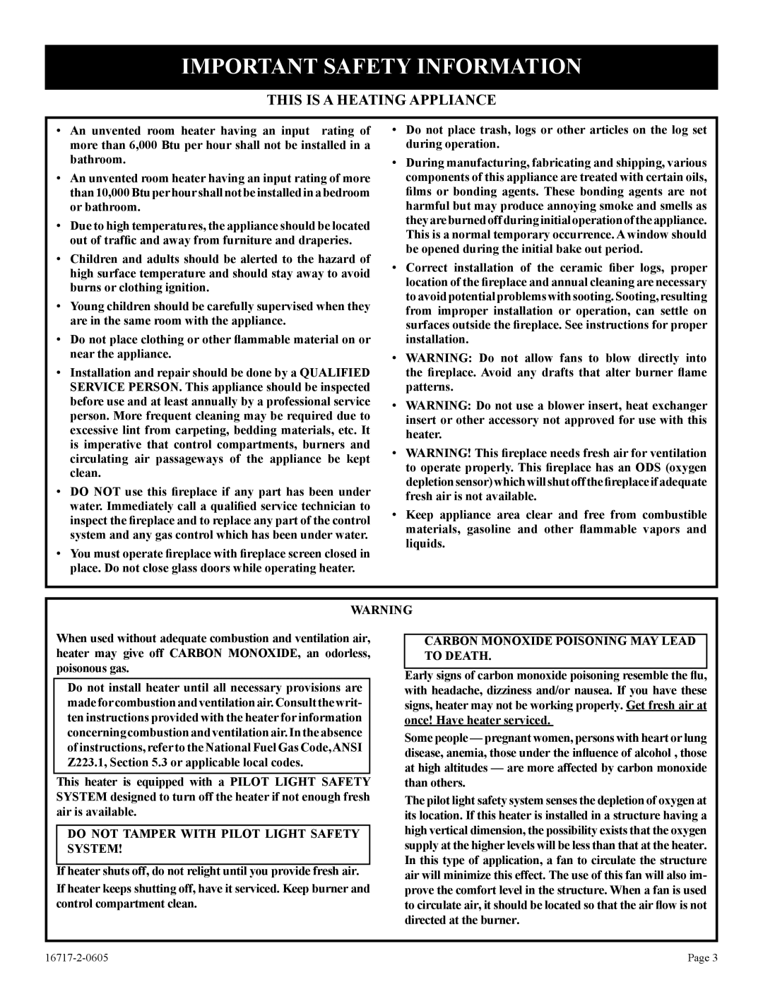 Empire Comfort Systems VFHS-20/10T-4 Important Safety Information, Carbon Monoxide Poisoning MAY Lead, To Death 