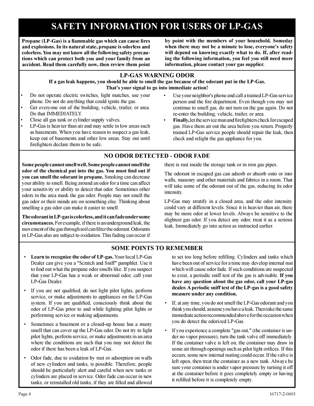 Empire Comfort Systems VFHS-20R-4, VFHS-20/10T-4 Safety Information for Users of LP-GAS, LP-GAS Warning Odor 