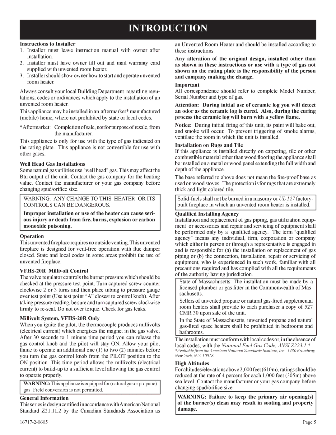 Empire Comfort Systems VFHS-20/10T-4, VFHS-20R-4 installation instructions Introduction 