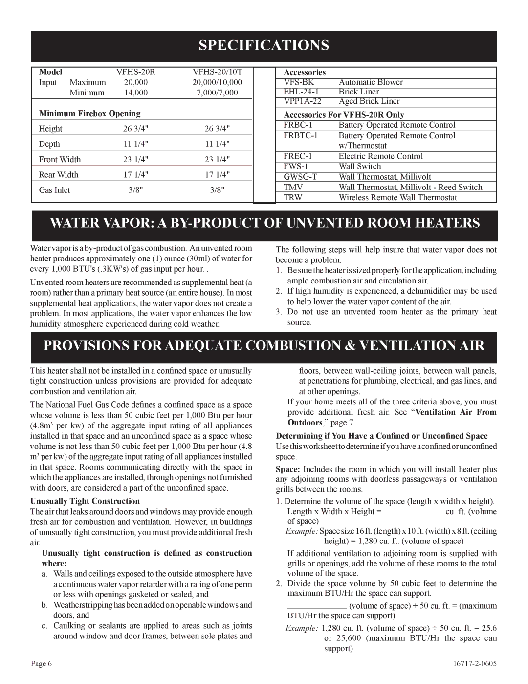 Empire Comfort Systems VFHS-20R-4, VFHS-20/10T-4 installation instructions Specifications 