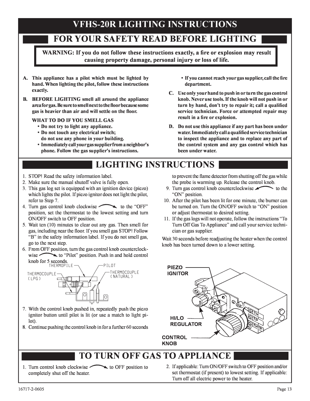 Empire Comfort Systems VFHS-20/10T-4, VFHS-20R-4 VFHS-20RLIGHTING INSTRUCTIONS, For Your Safety Read Before Lighting 