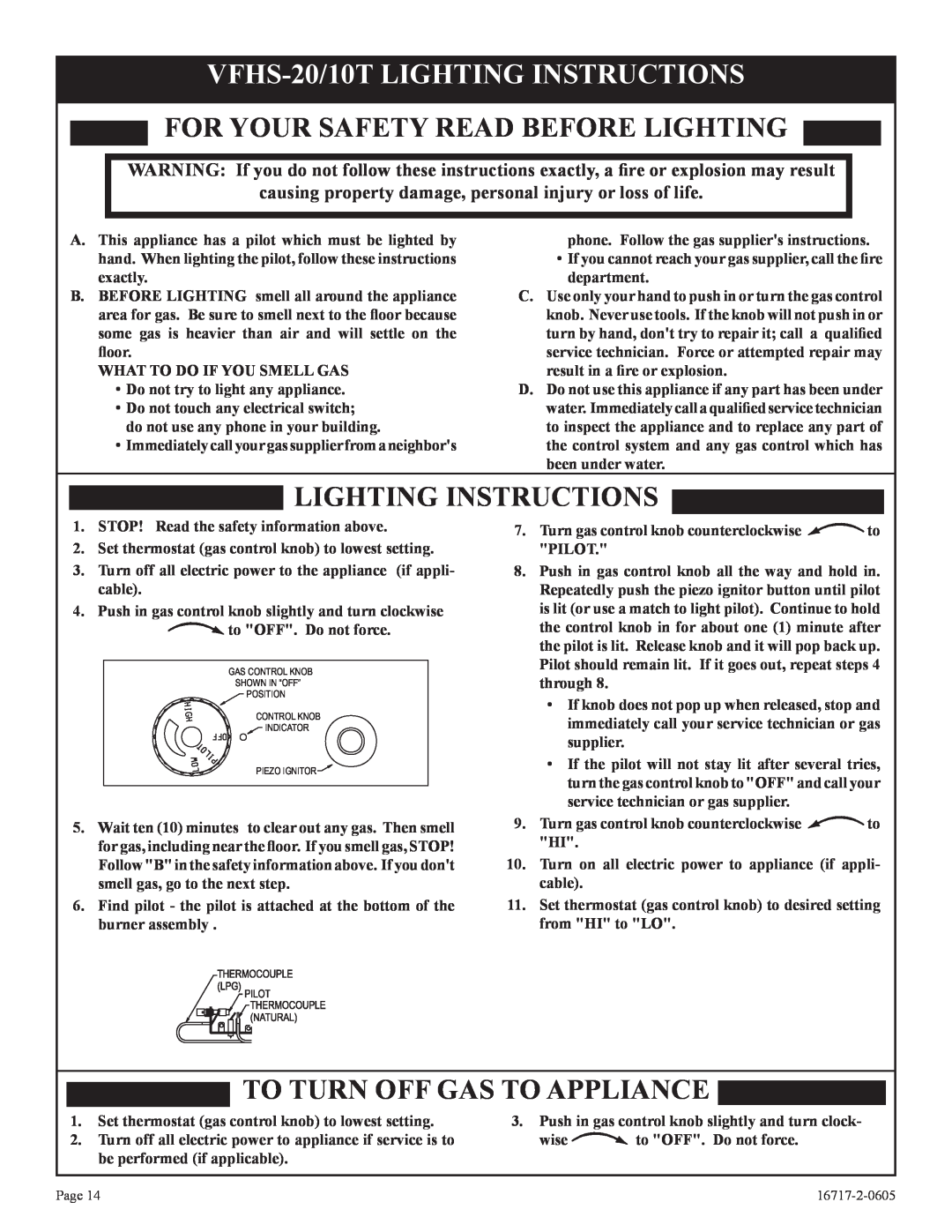 Empire Comfort Systems VFHS-20R-4, VFHS-20/10T-4 VFHS-20/10TLIGHTING INSTRUCTIONS, For Your Safety Read Before Lighting 
