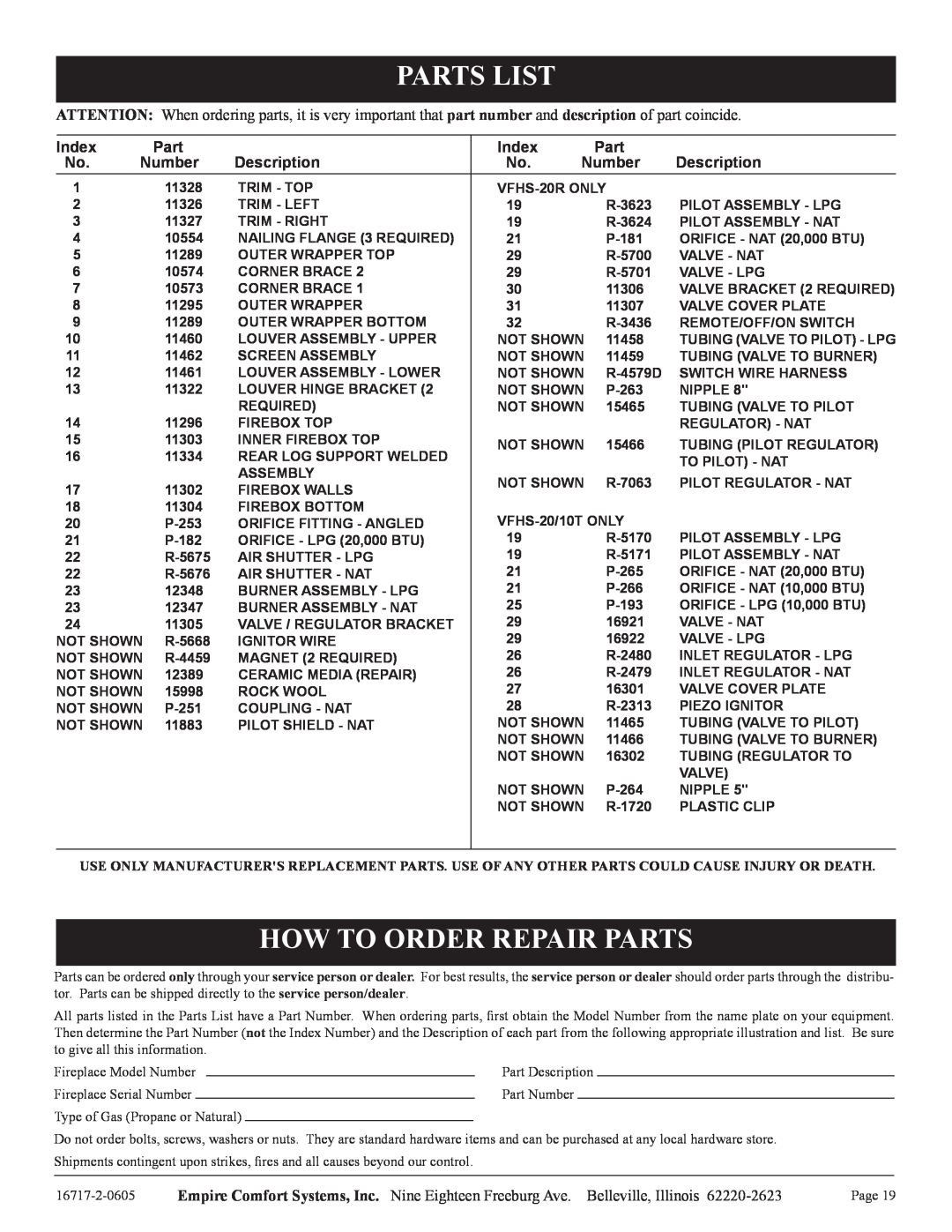 Empire Comfort Systems VFHS-20/10T-4, VFHS-20R-4 Parts List, How To Order Repair Parts, Index, Description, Number 