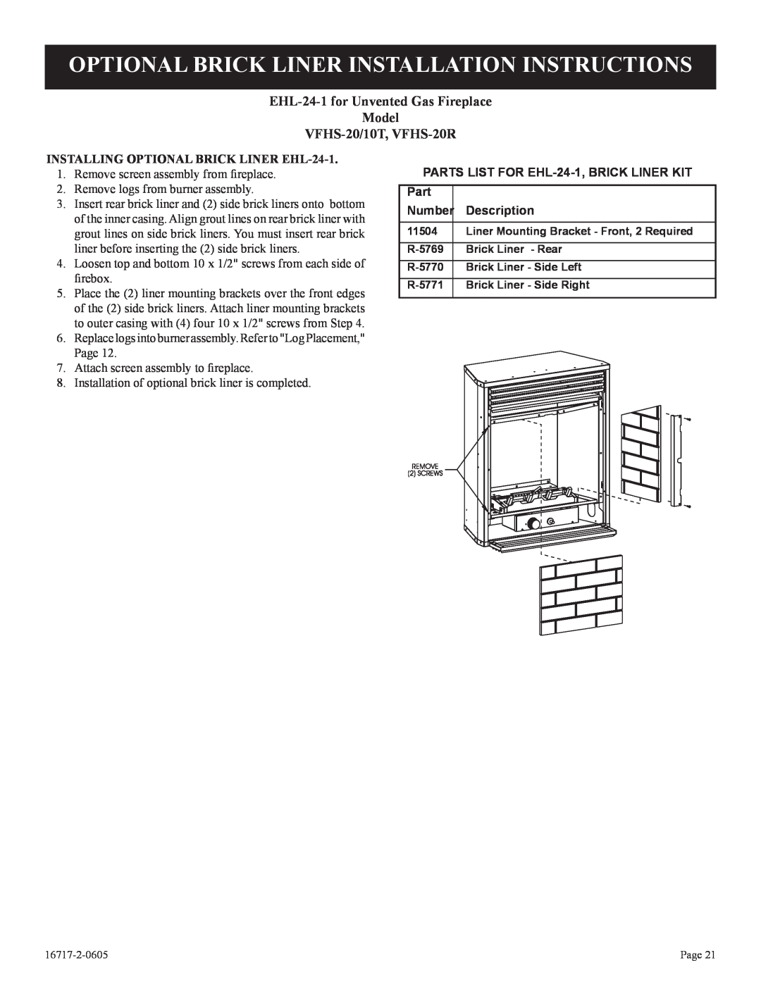 Empire Comfort Systems VFHS-20/10T-4 Optional Brick Liner Installation Instructions, VFHS-20/10T, VFHS-20R, Part 
