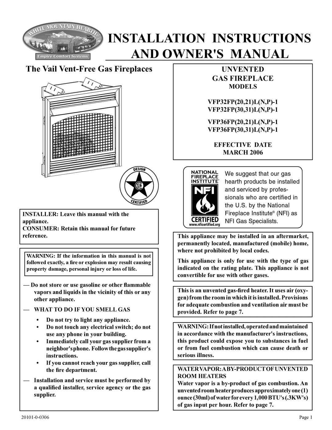 Empire Comfort Systems VFP32FP, VFP36FP, 31)L(N, P)-1, 21)L(N installation instructions Installation Instructions 