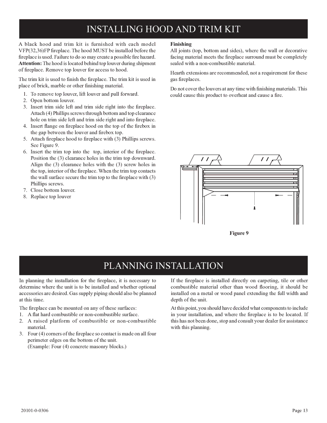 Empire Comfort Systems P)-1, VFP36FP, VFP32FP, 31)L(N, 21)L(N Installing Hood and Trim KIT, Planning Installation, Finishing 