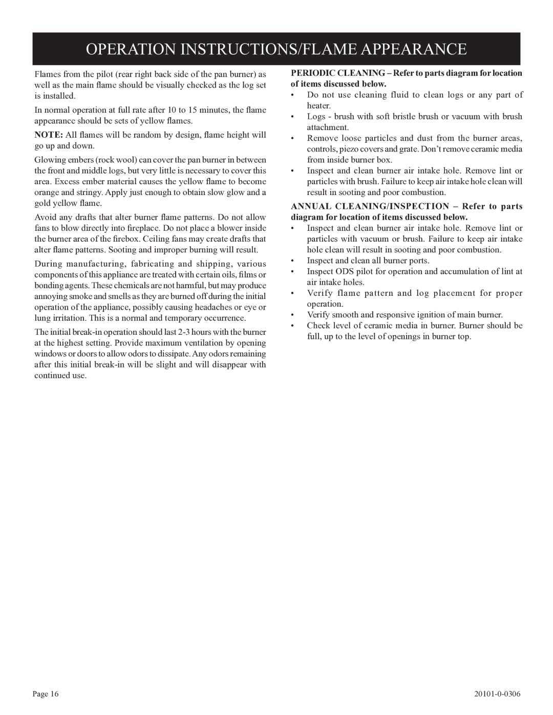 Empire Comfort Systems VFP32FP, VFP36FP, 31)L(N, P)-1, 21)L(N installation instructions Operation INSTRUCTIONS/FLAME Appearance 