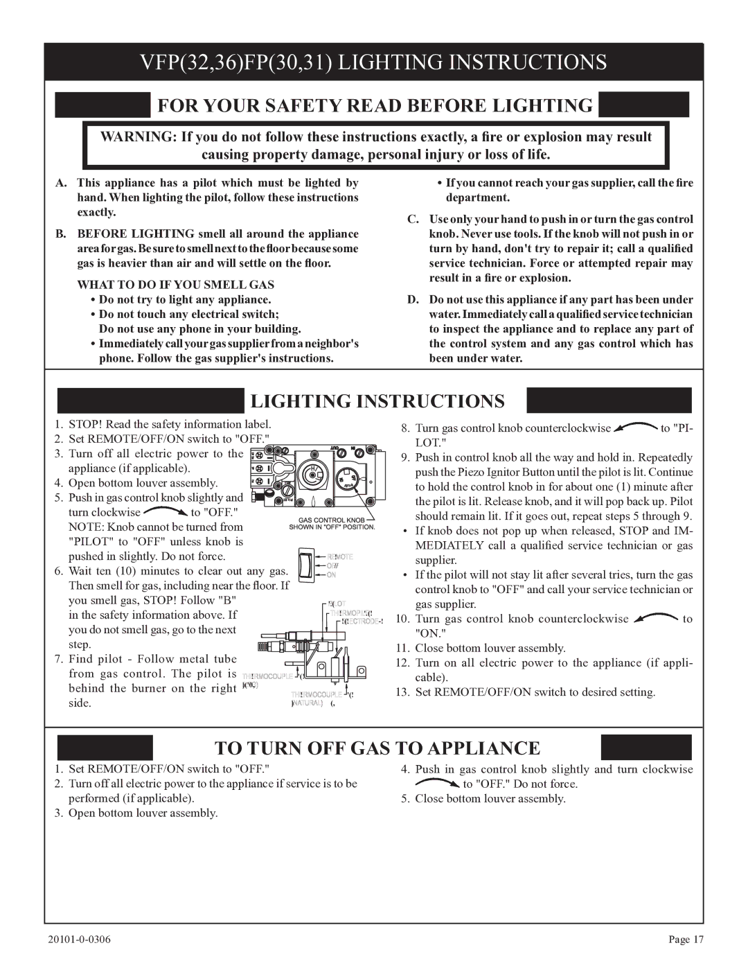 Empire Comfort Systems 31)L(N, VFP36FP, VFP32FP VFP32,36FP30,31 Lighting Instructions, For Your Safety Read Before Lighting 