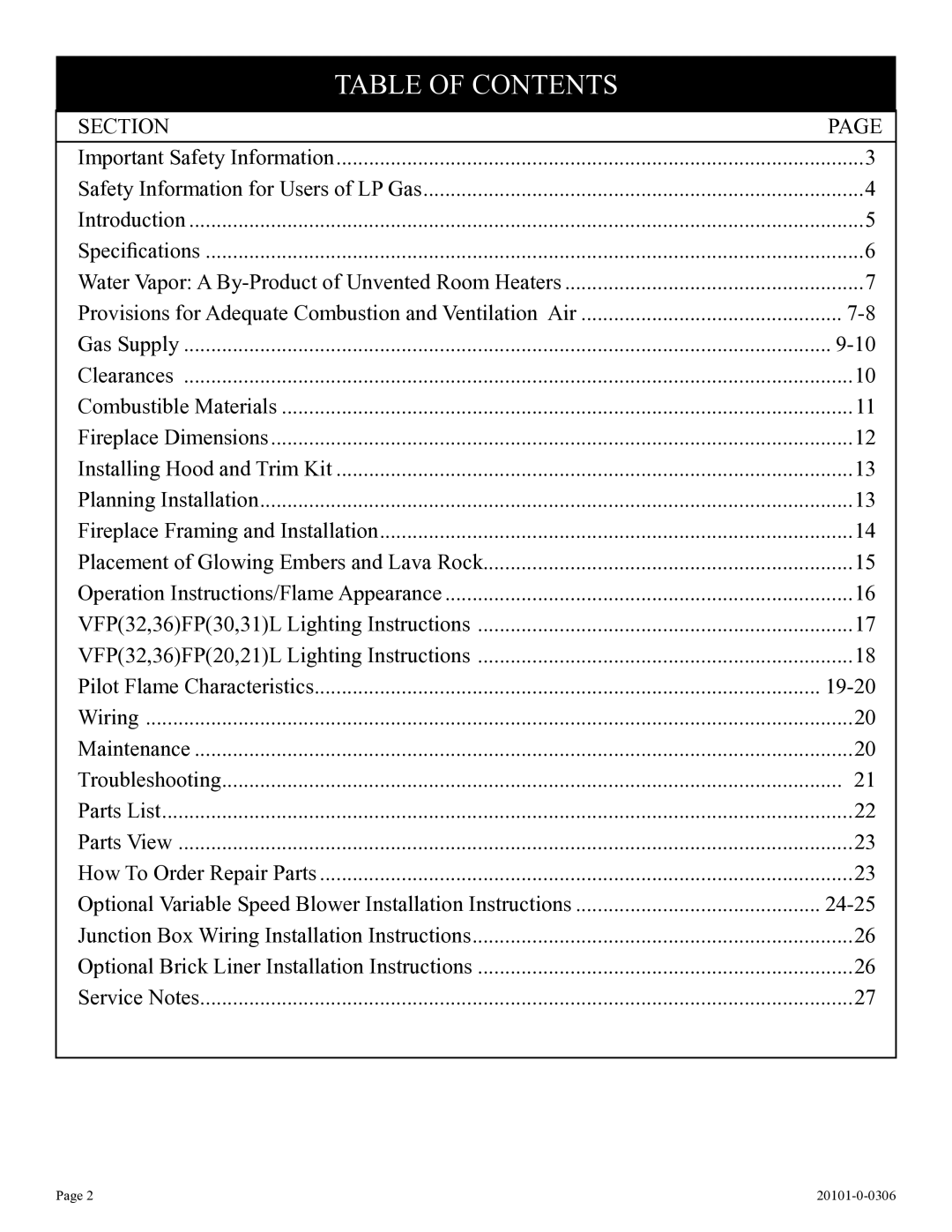 Empire Comfort Systems 31)L(N, VFP36FP, VFP32FP, P)-1, 21)L(N installation instructions Table of Contents 