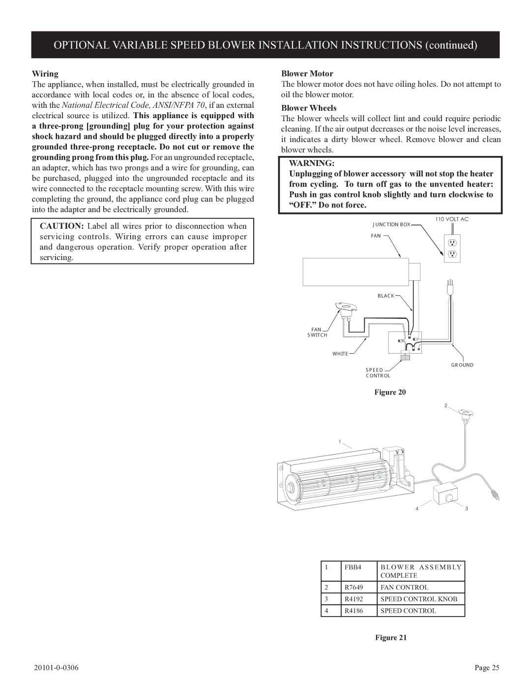 Empire Comfort Systems VFP36FP, VFP32FP, 31)L(N, P)-1, 21)L(N installation instructions Wiring, Blower Motor, Blower Wheels 