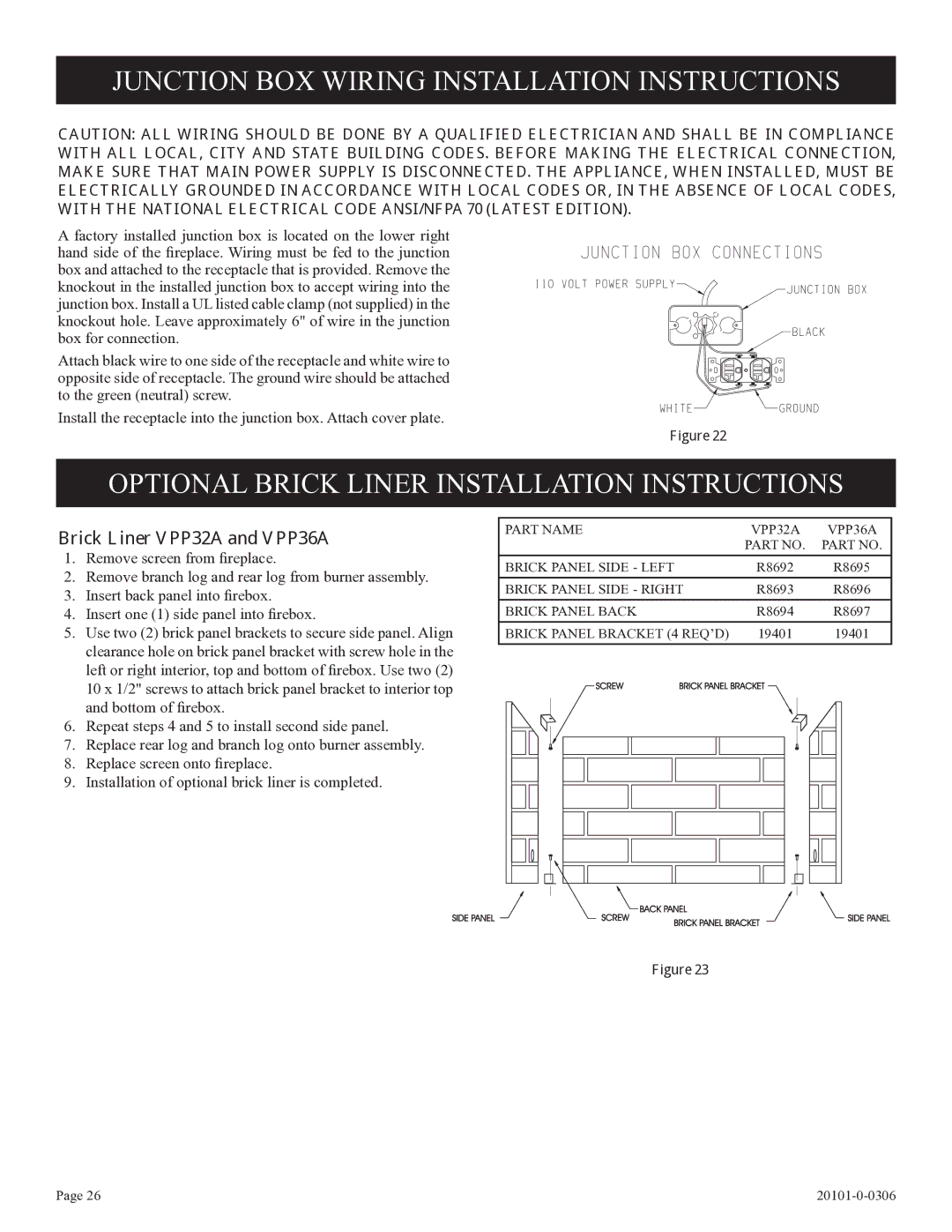 Empire Comfort Systems VFP32FP, VFP36FP, 31)L(N, P)-1, 21)L(N Junction BOX Wiring Installation Instructions 