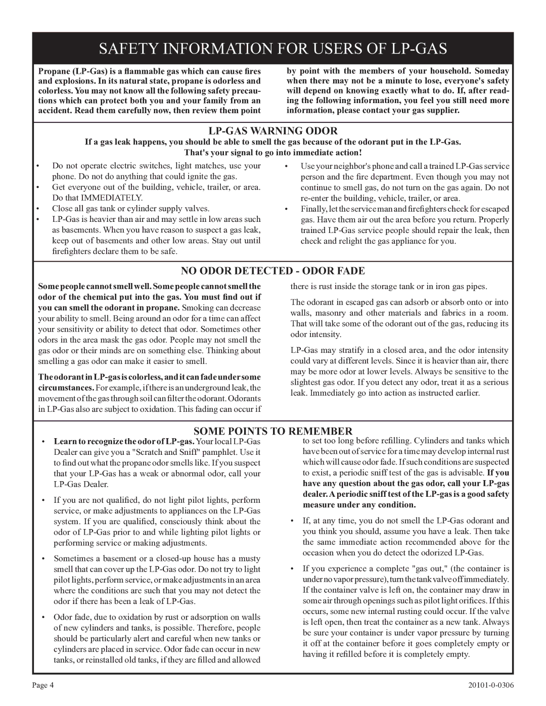 Empire Comfort Systems 21)L(N, VFP36FP, VFP32FP, 31)L(N, P)-1 Safety Information for Users of LP-GAS, LP-GAS Warning Odor 