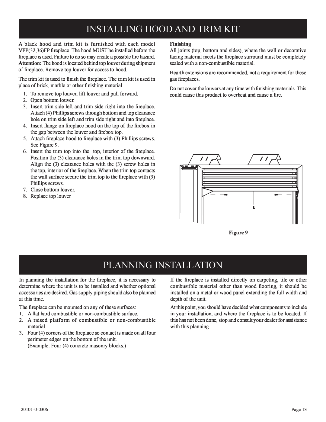 Empire Comfort Systems P)-1, VFP36FP, VFP32FP, 31)L(N, 21)L(N Installing Hood And Trim Kit, Planning Installation, Finishing 