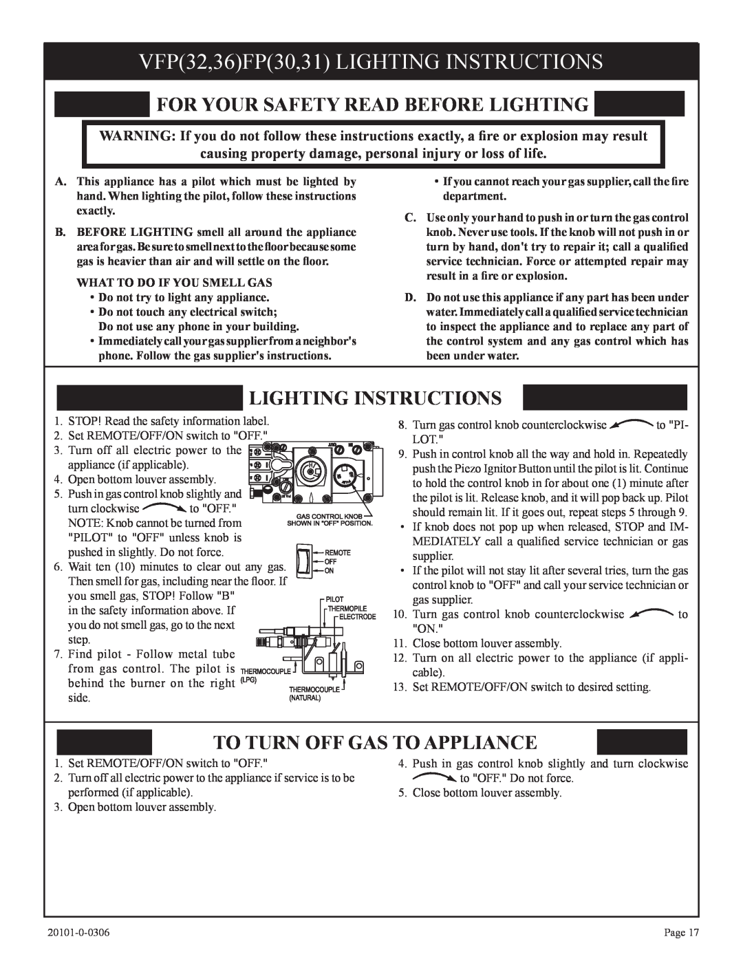 Empire Comfort Systems 31)L(N, VFP36FP, VFP32FP VFP32,36FP30,31 LIGHTING INSTRUCTIONS, For Your Safety Read Before Lighting 