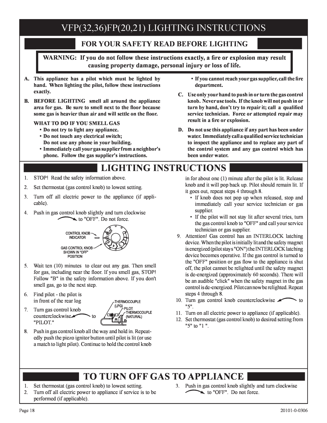 Empire Comfort Systems P)-1, VFP36FP, VFP32FP VFP32,36FP20,21 LIGHTING INSTRUCTIONS, For Your Safety Read Before Lighting 