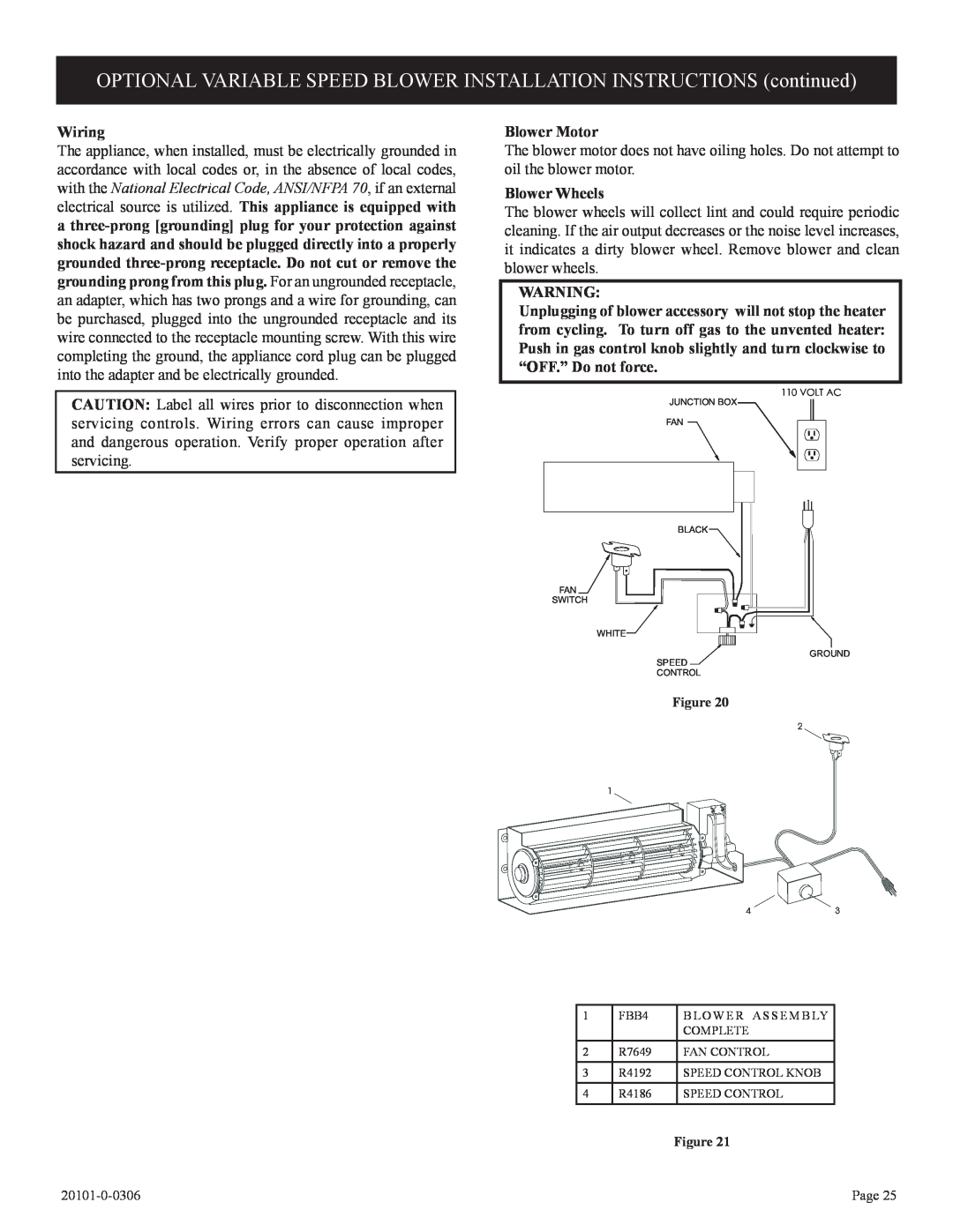 Empire Comfort Systems VFP36FP, VFP32FP, 31)L(N, P)-1, 21)L(N installation instructions Wiring, Blower Motor, Blower Wheels 