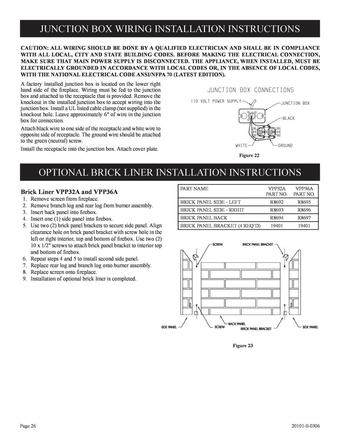 Empire Comfort Systems VFP32FP, VFP36FP, P)-1 Junction Box Wiring Installation Instructions, Brick Liner VPP32A and VPP36A 