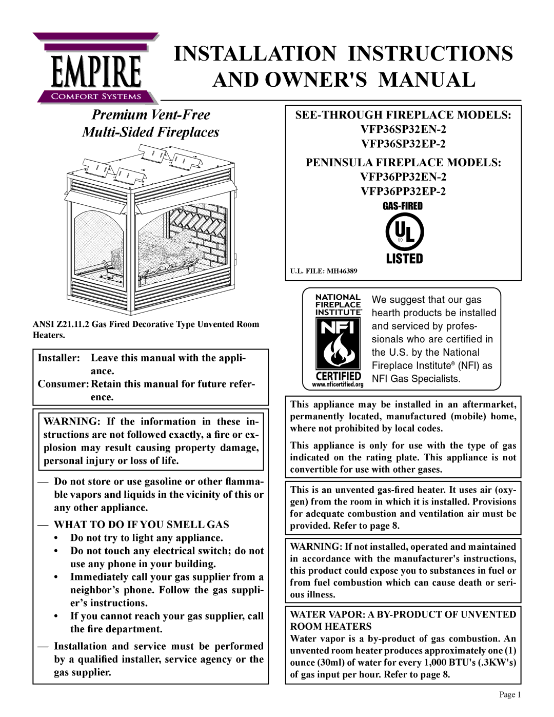 Empire Comfort Systems VFP36PP32EN-2, VFP36SP32EN-2 installation instructions Premium Vent-Free Multi-Sided Fireplaces 